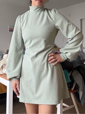 High-Neck Light Sage Long-Sleeve Mini Dress